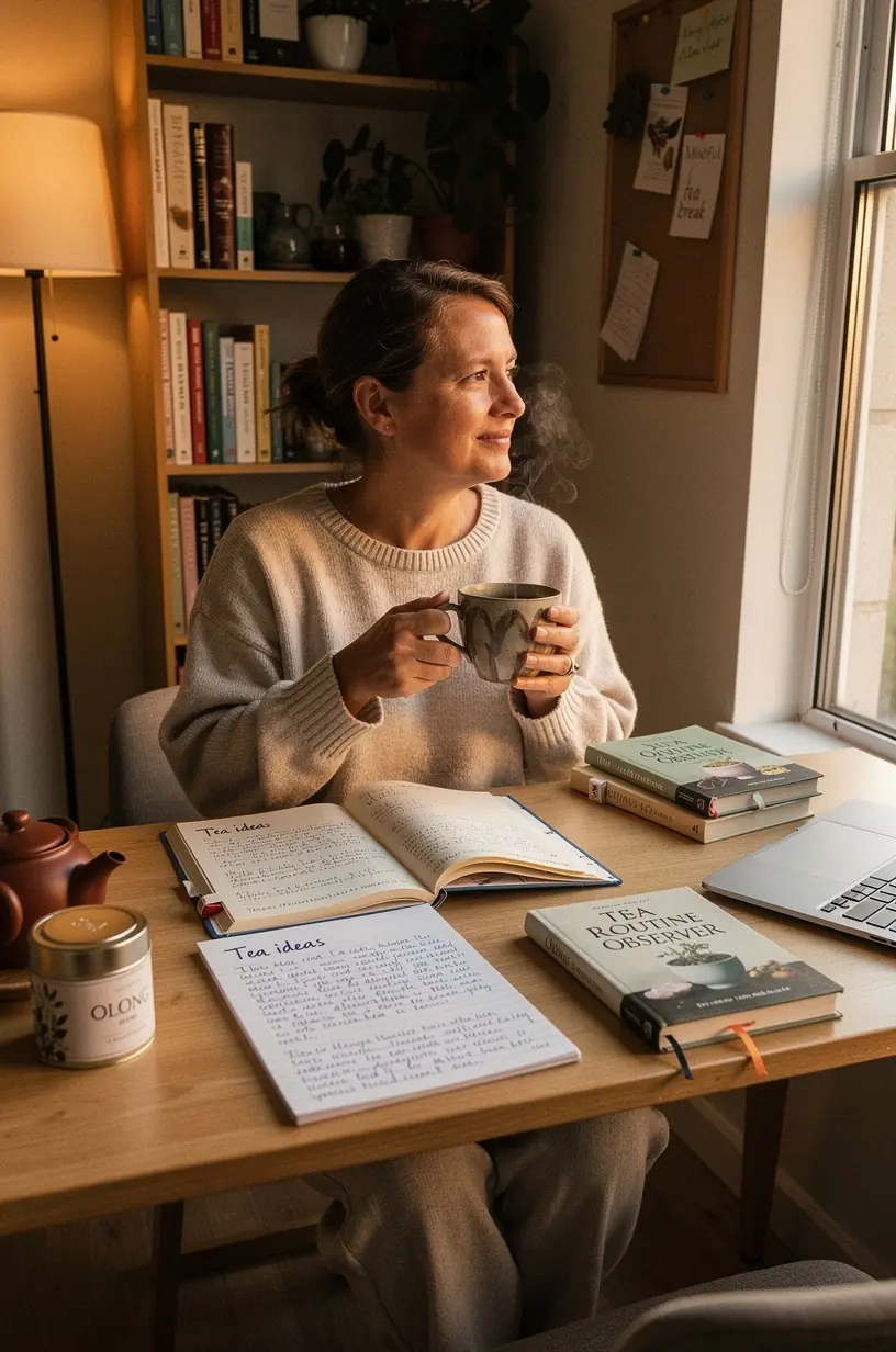 Stiklinė arbatos su citrina ir medumi ant stalo šalia dienos plano užrašo.