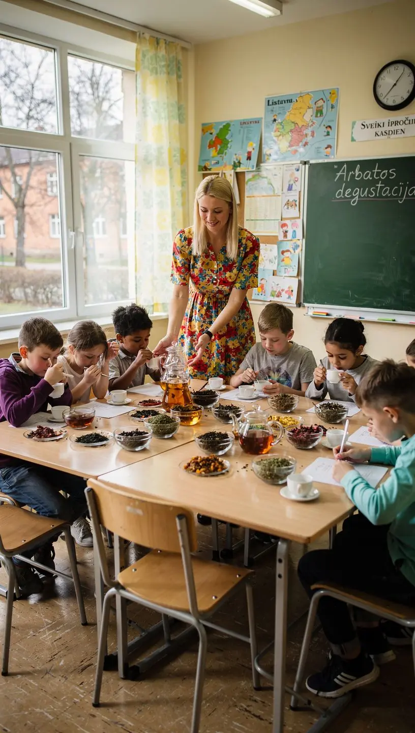 Knyga apie arbatos naudą ir sveiką gyvenimo būdą atversta šalia arbatos puodelio.