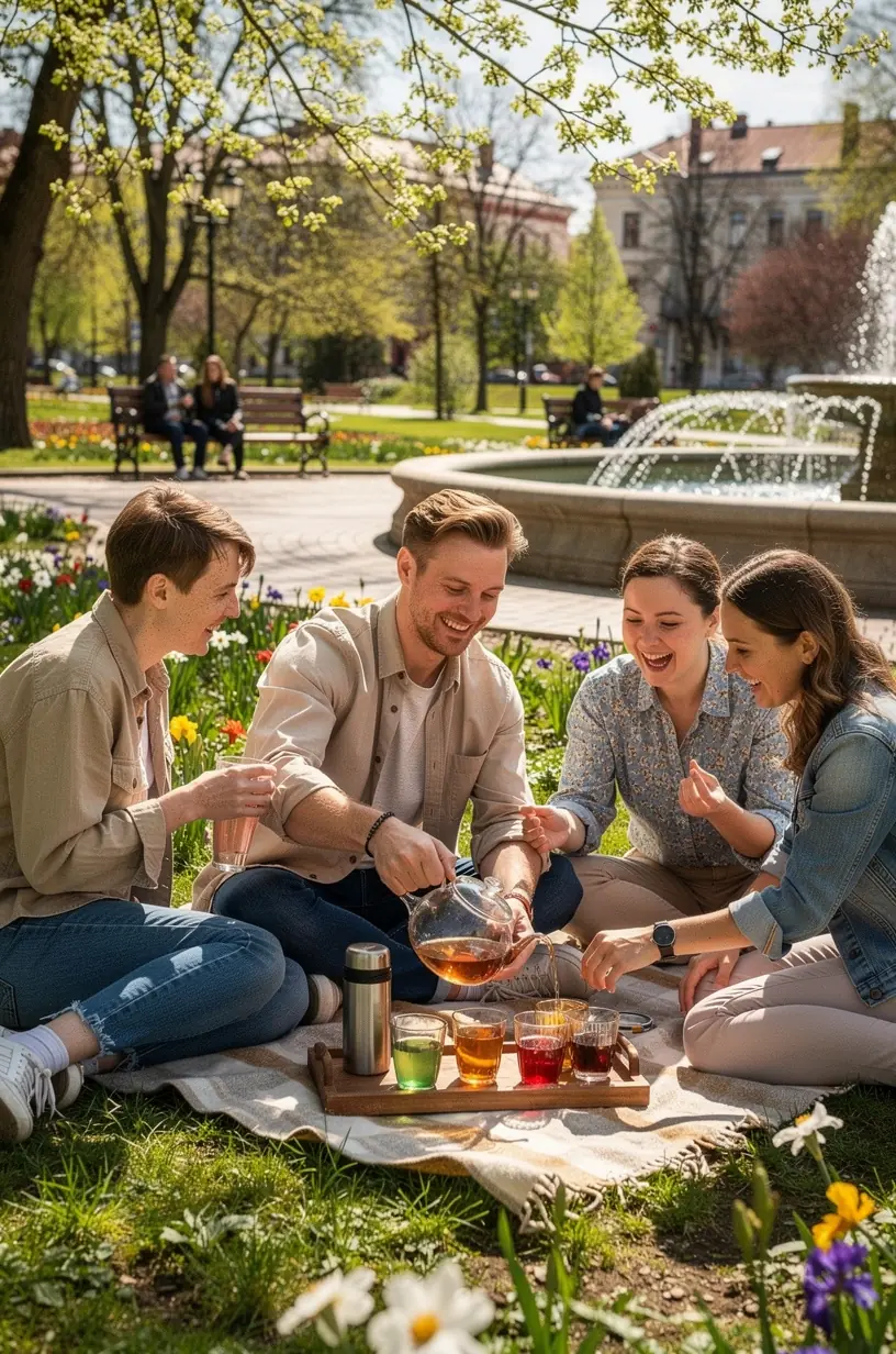 Arbatos puodelis ant medinio stalo šalia žalių arbatos lapų ir laikrodžio simbolizuojančio kasdienę rutiną.